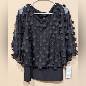 Women’s Large MSK black sheer overlay top with 3D floral appliqués. NWT